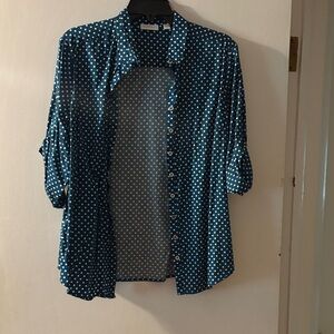 New York & Company Teal Polka Dot Button Down Shirt
